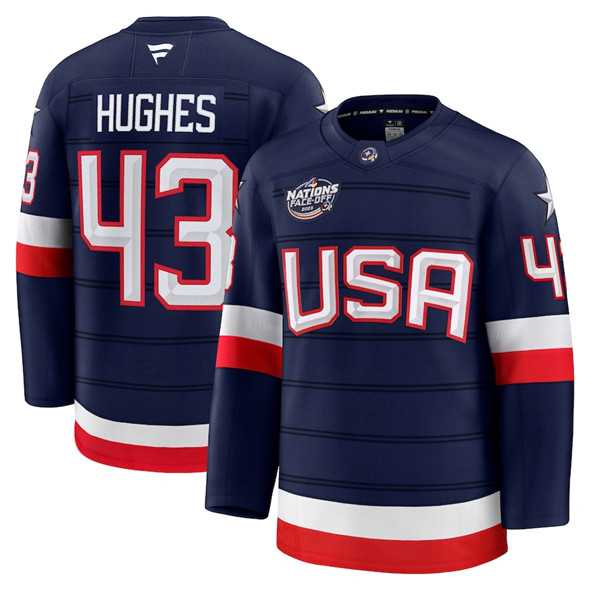 Mens USA #43 Quinn Hughes Navy 2025 4 Nations Face-Off Stitched Jersey Dzhi